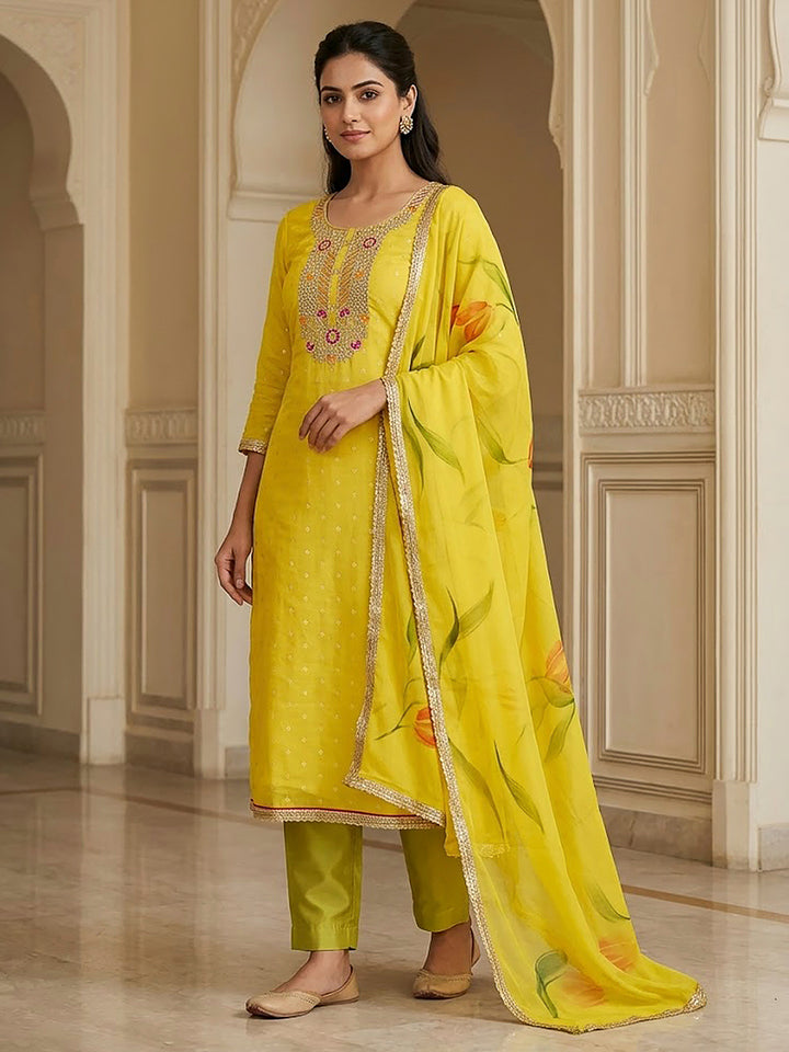 Yellow Chanderi Embroidered Unstitched Dress Material