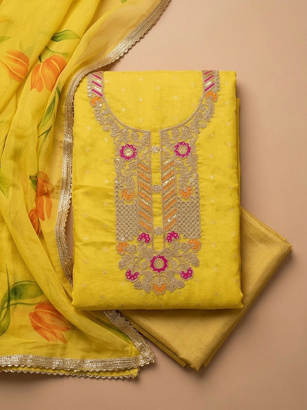 Yellow Chanderi Embroidered Unstitched Dress Material
