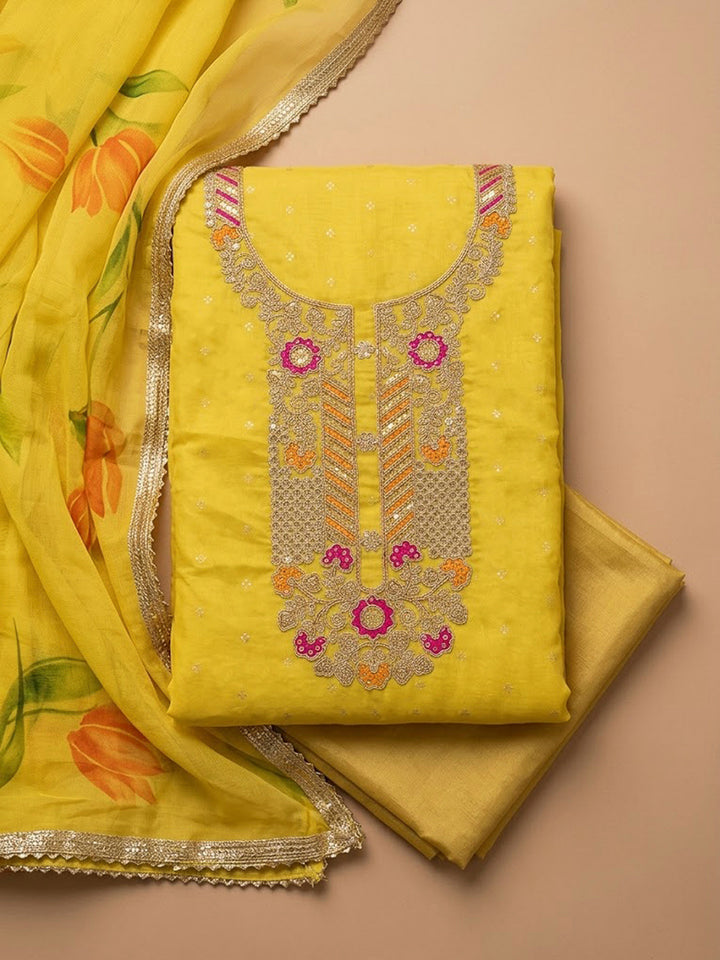 Yellow Chanderi Embroidered Unstitched Dress Material
