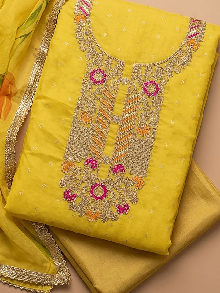 Yellow Chanderi Embroidered Unstitched Dress Material