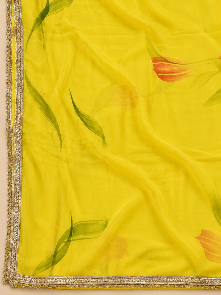 Yellow Chanderi Embroidered Unstitched Dress Material
