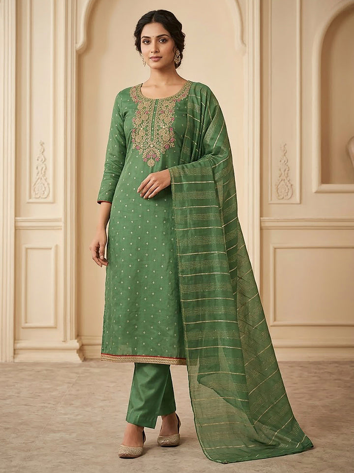 Green Chanderi Embroidered Unstitched Dress Material