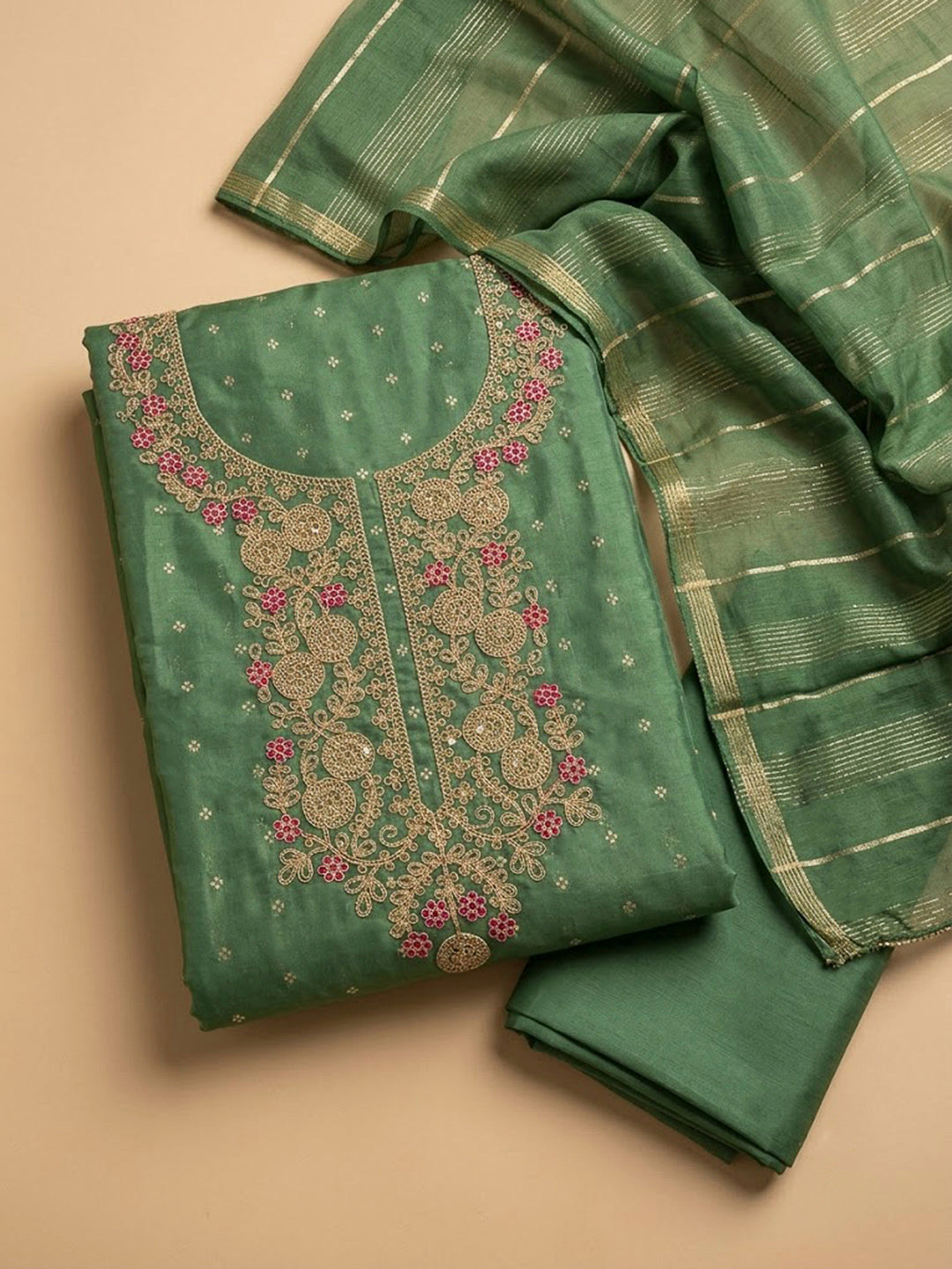 Green Chanderi Embroidered Unstitched Dress Material