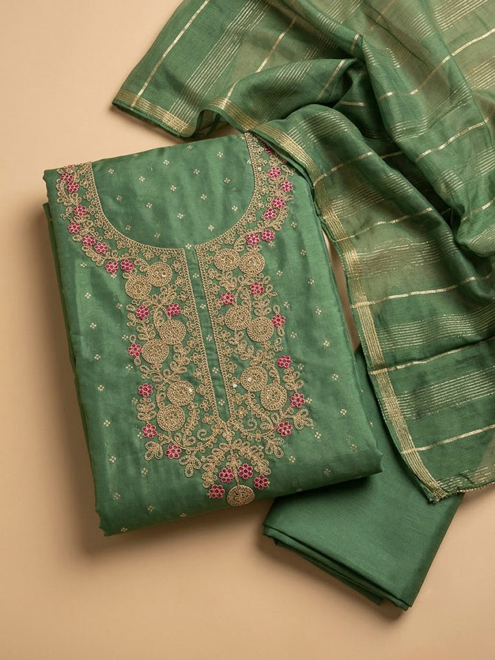 Green Chanderi Embroidered Unstitched Dress Material