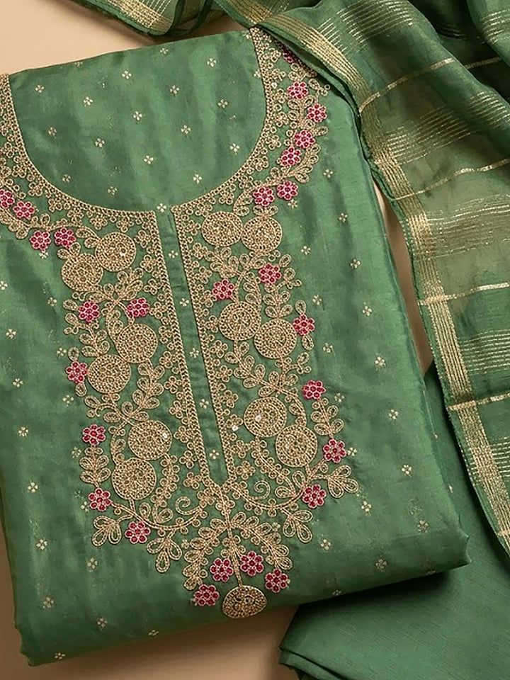 Green Chanderi Embroidered Unstitched Dress Material