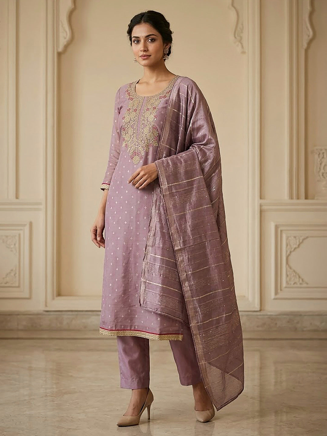 Purple Chanderi Embroidered Unstitched Dress Material