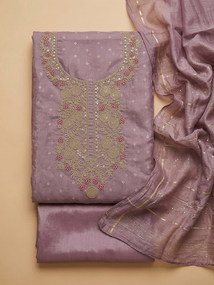 Purple Chanderi Embroidered Unstitched Dress Material