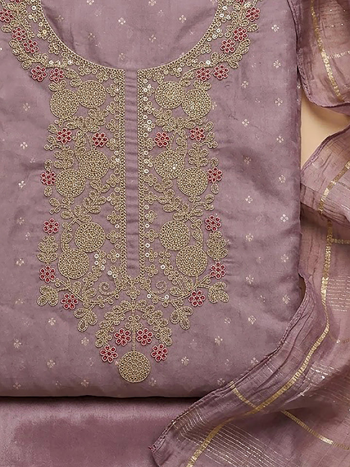 Purple Chanderi Embroidered Unstitched Dress Material