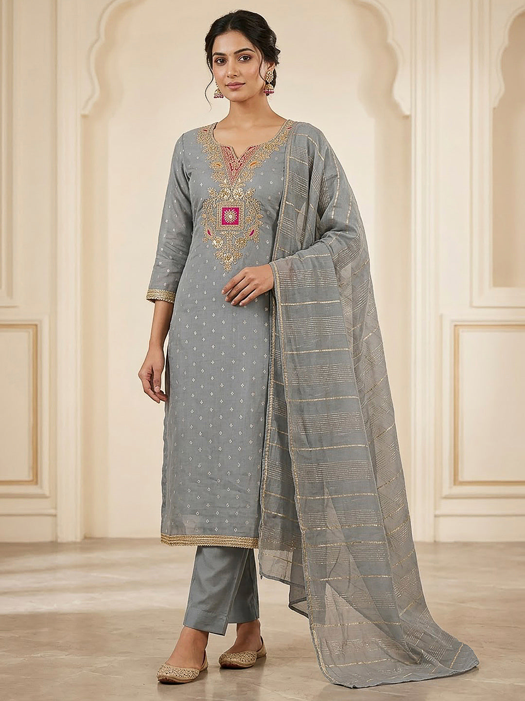 Grey Chanderi Embroidered Unstitched Dress Material