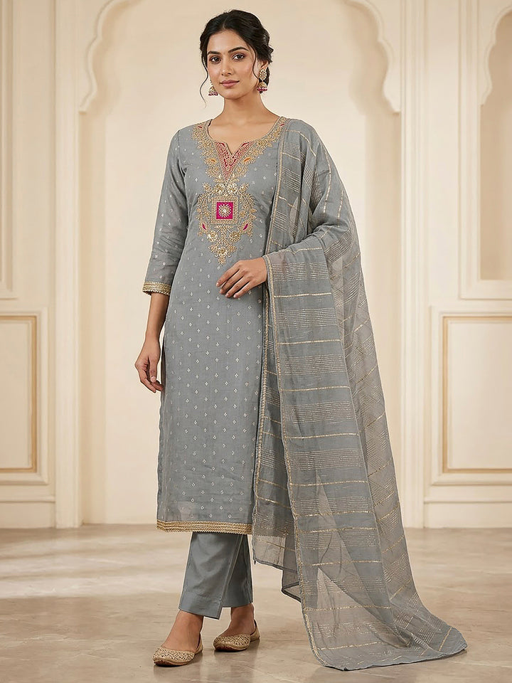 Grey Chanderi Embroidered Unstitched Dress Material