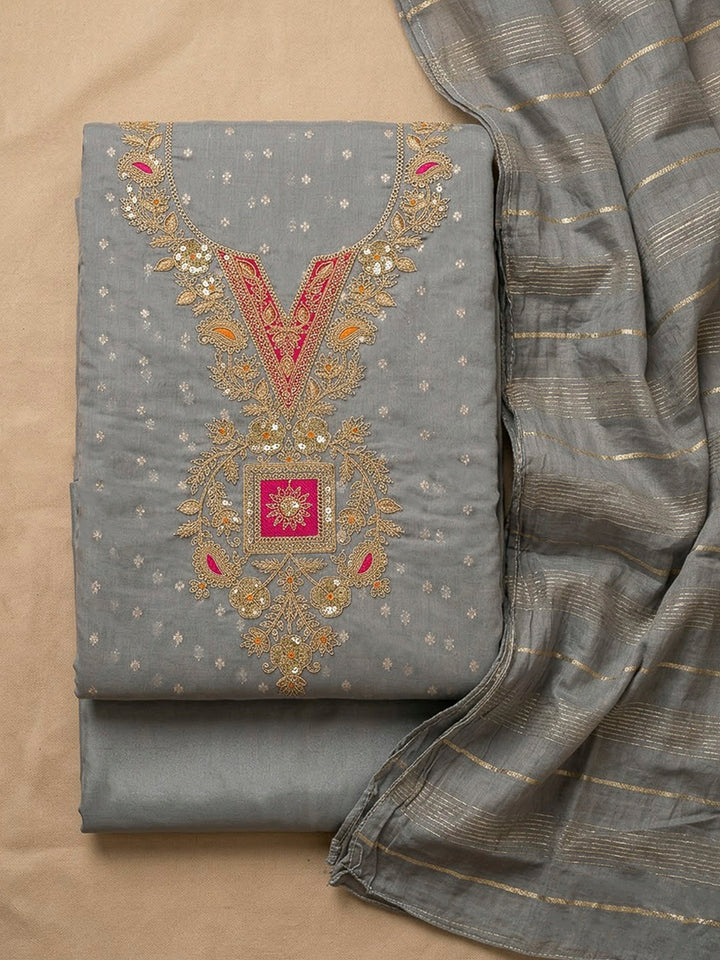 Grey Chanderi Embroidered Unstitched Dress Material