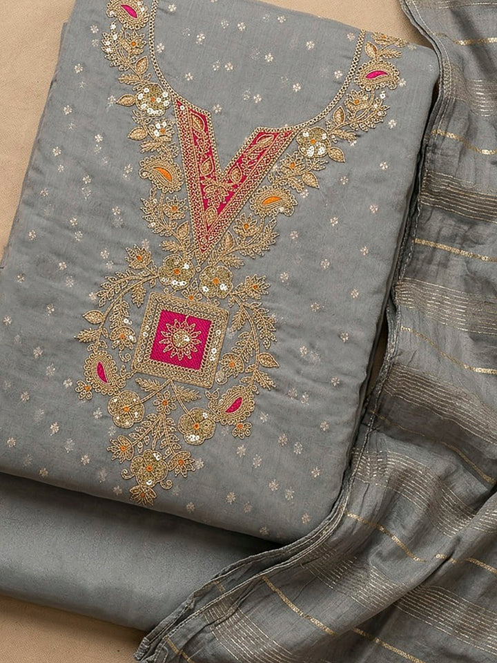 Grey Chanderi Embroidered Unstitched Dress Material
