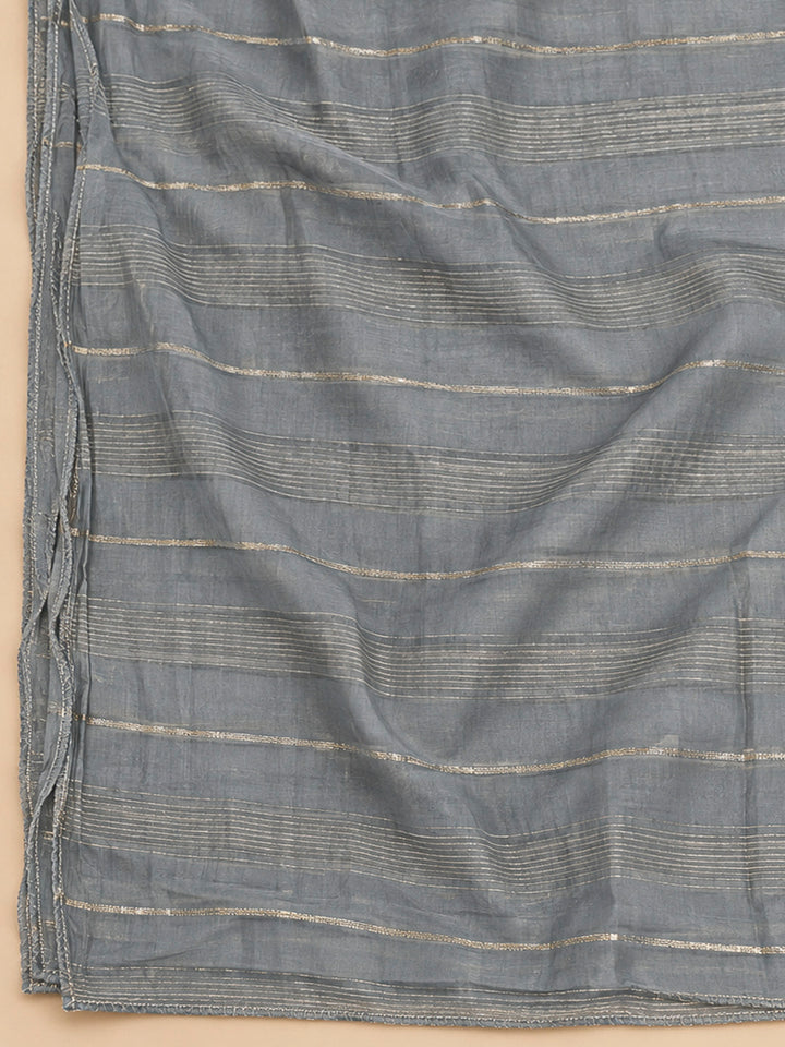 Grey Chanderi Embroidered Unstitched Dress Material
