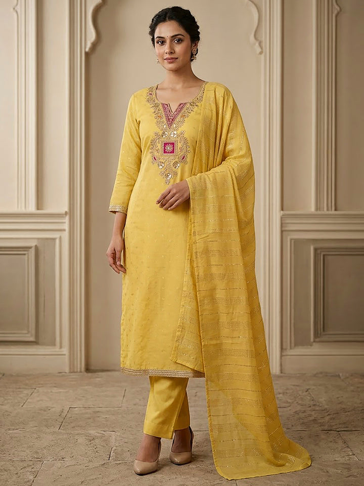 Yellow Chanderi Embroidered Unstitched Dress Material