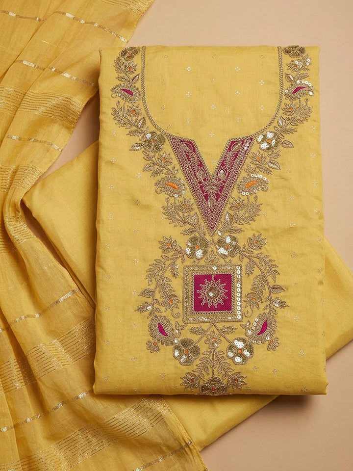 Yellow Chanderi Embroidered Unstitched Dress Material