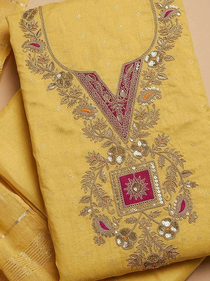 Yellow Chanderi Embroidered Unstitched Dress Material