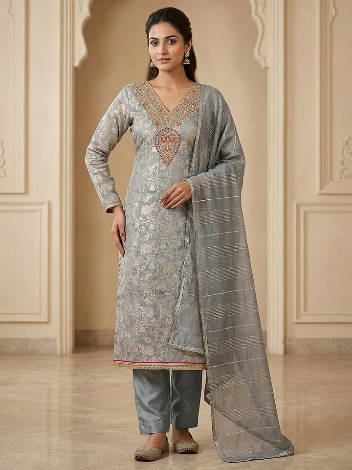 Grey Chanderi Embroidered Unstitched Dress Material