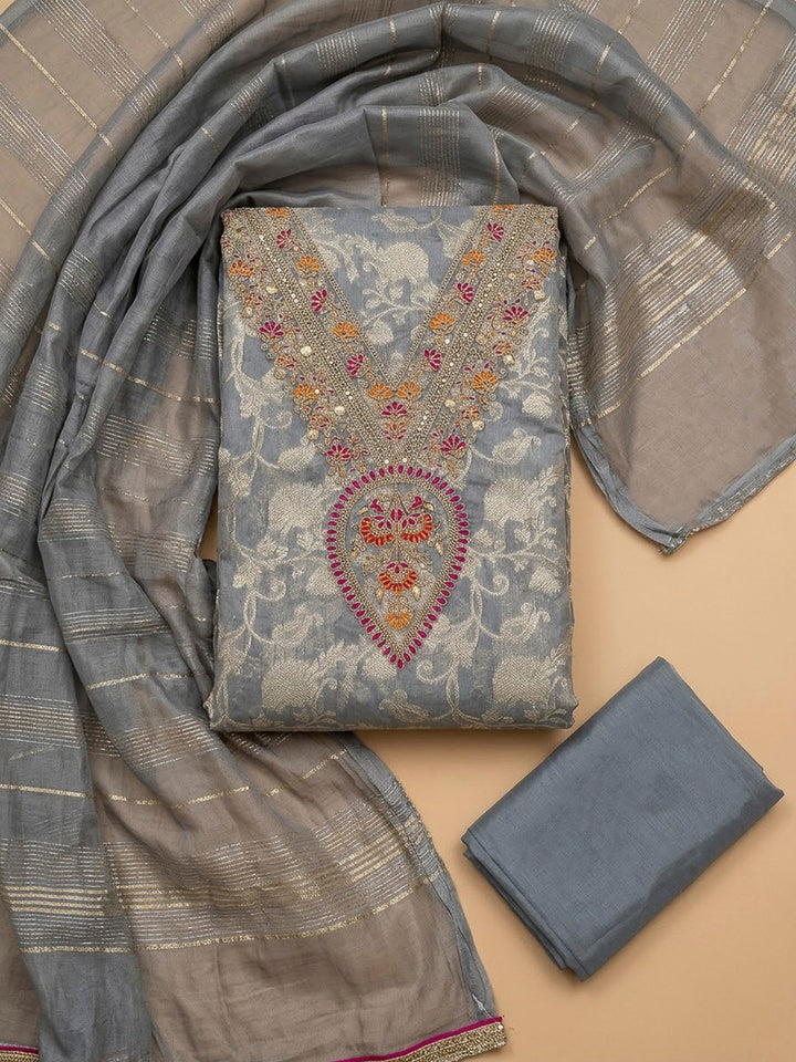 Grey Chanderi Embroidered Unstitched Dress Material