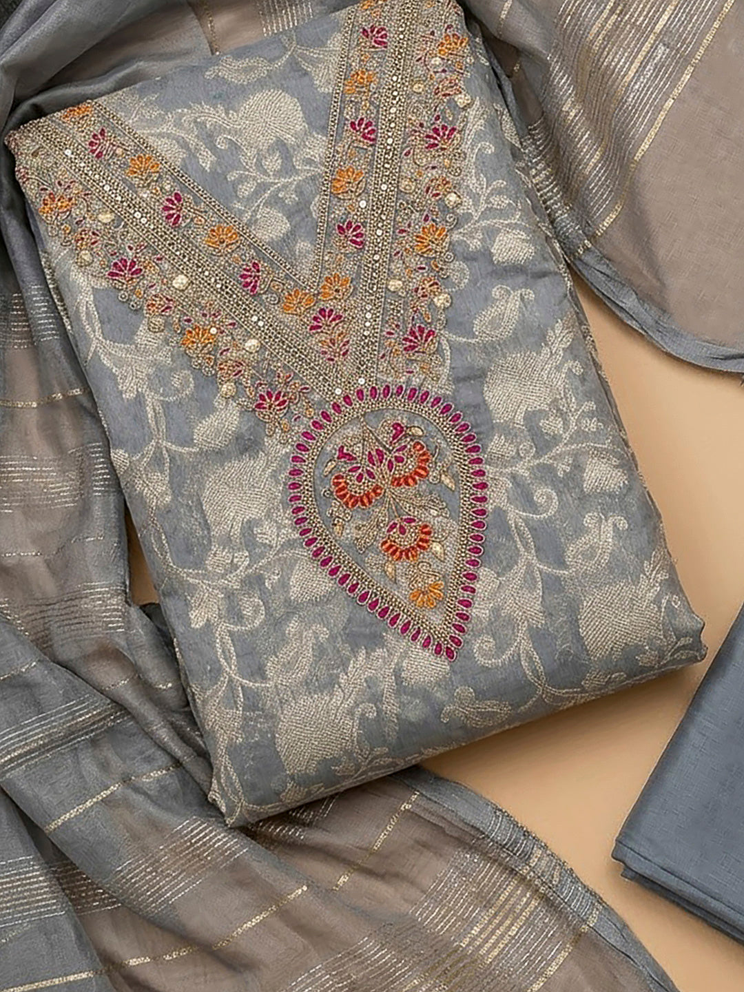 Grey Chanderi Embroidered Unstitched Dress Material