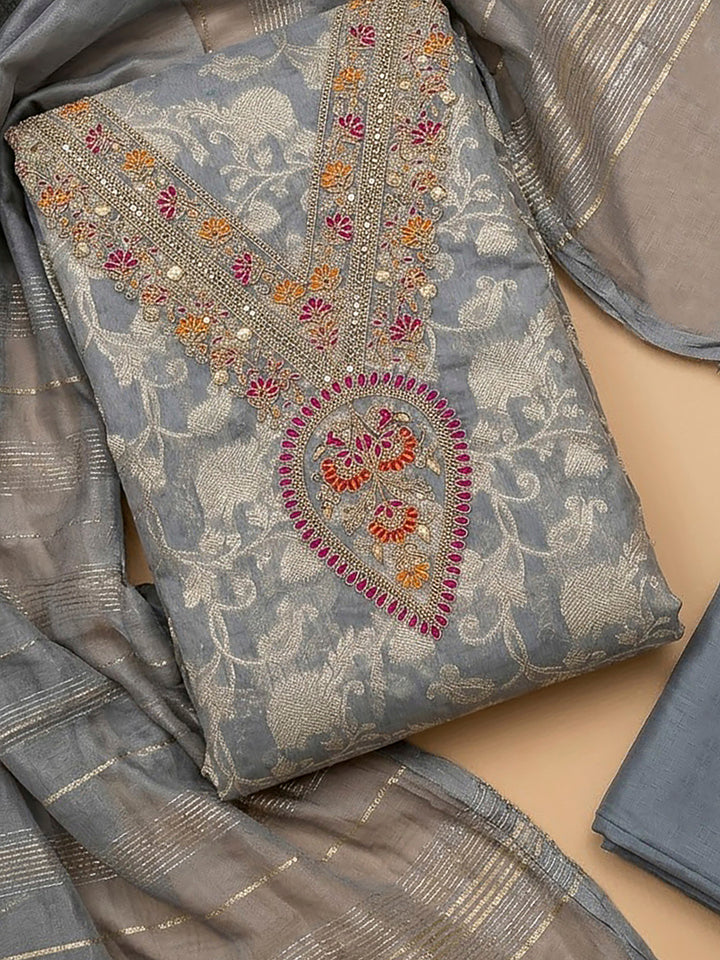Grey Chanderi Embroidered Unstitched Dress Material