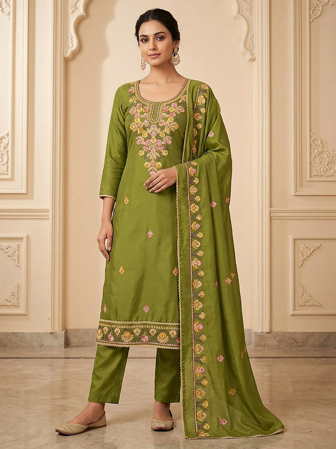 Mehndi Cotton Blend Embroidered Unstitched Dress Material
