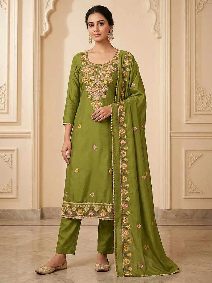 Mehndi Cotton Blend Embroidered Unstitched Dress Material