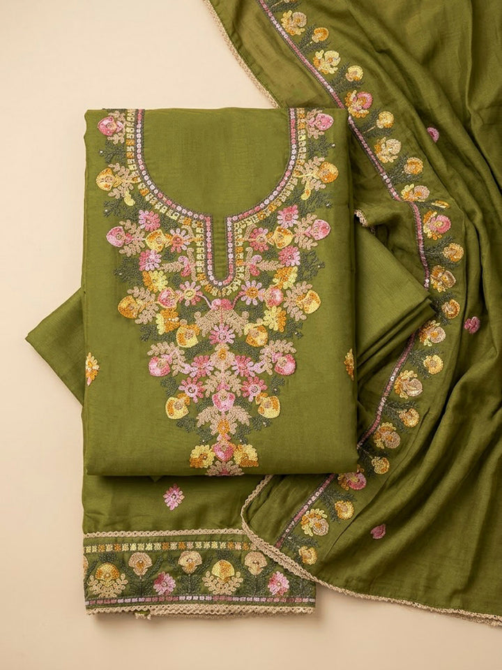 Mehndi Cotton Blend Embroidered Unstitched Dress Material