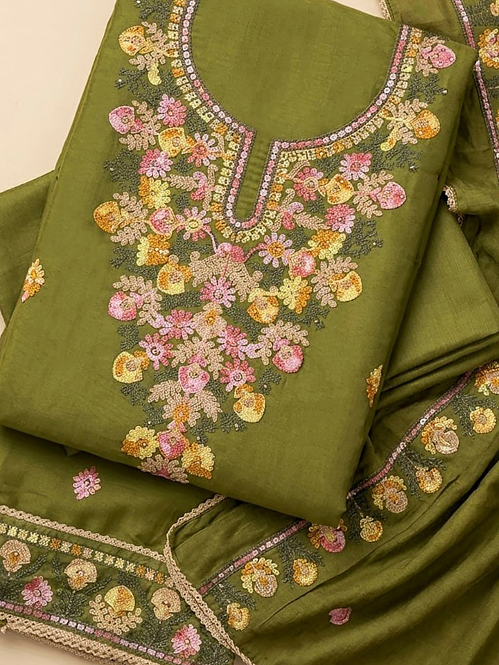 Mehndi Cotton Blend Embroidered Unstitched Dress Material
