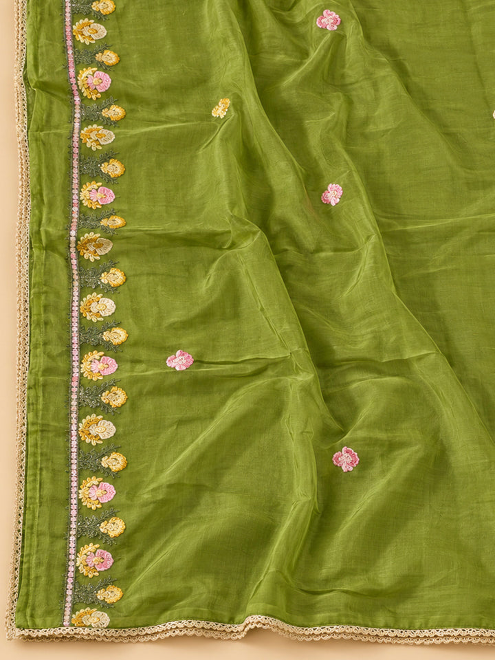 Mehndi Cotton Blend Embroidered Unstitched Dress Material