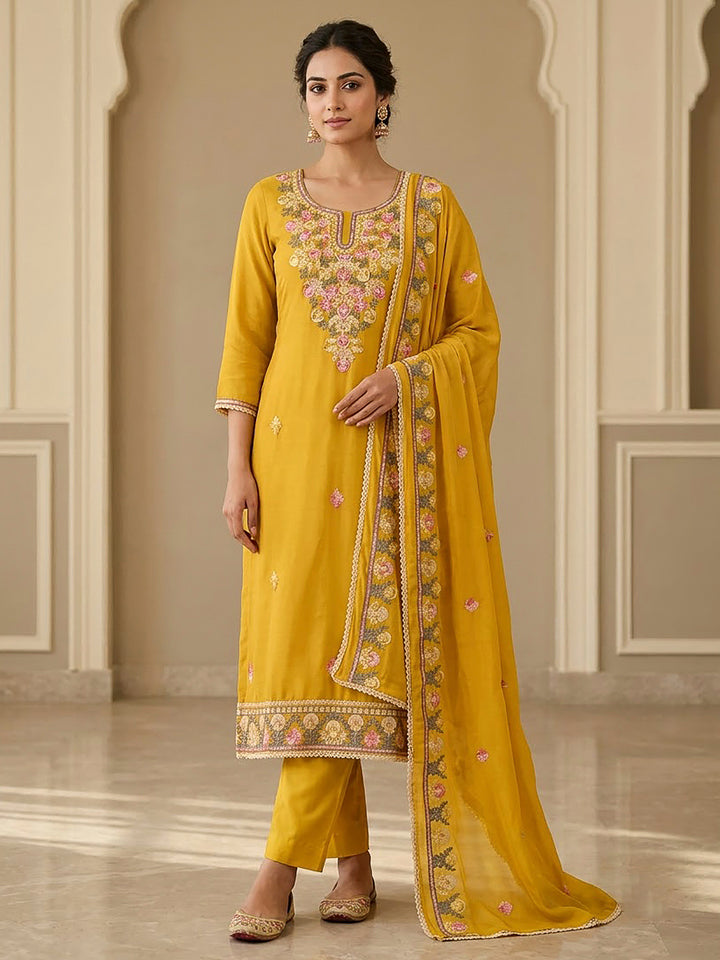 Mustard Cotton Blend Embroidered Unstitched Dress Material