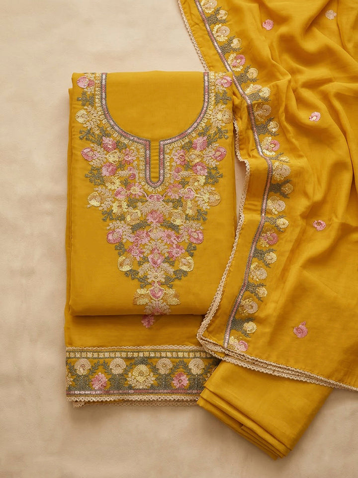 Mustard Cotton Blend Embroidered Unstitched Dress Material