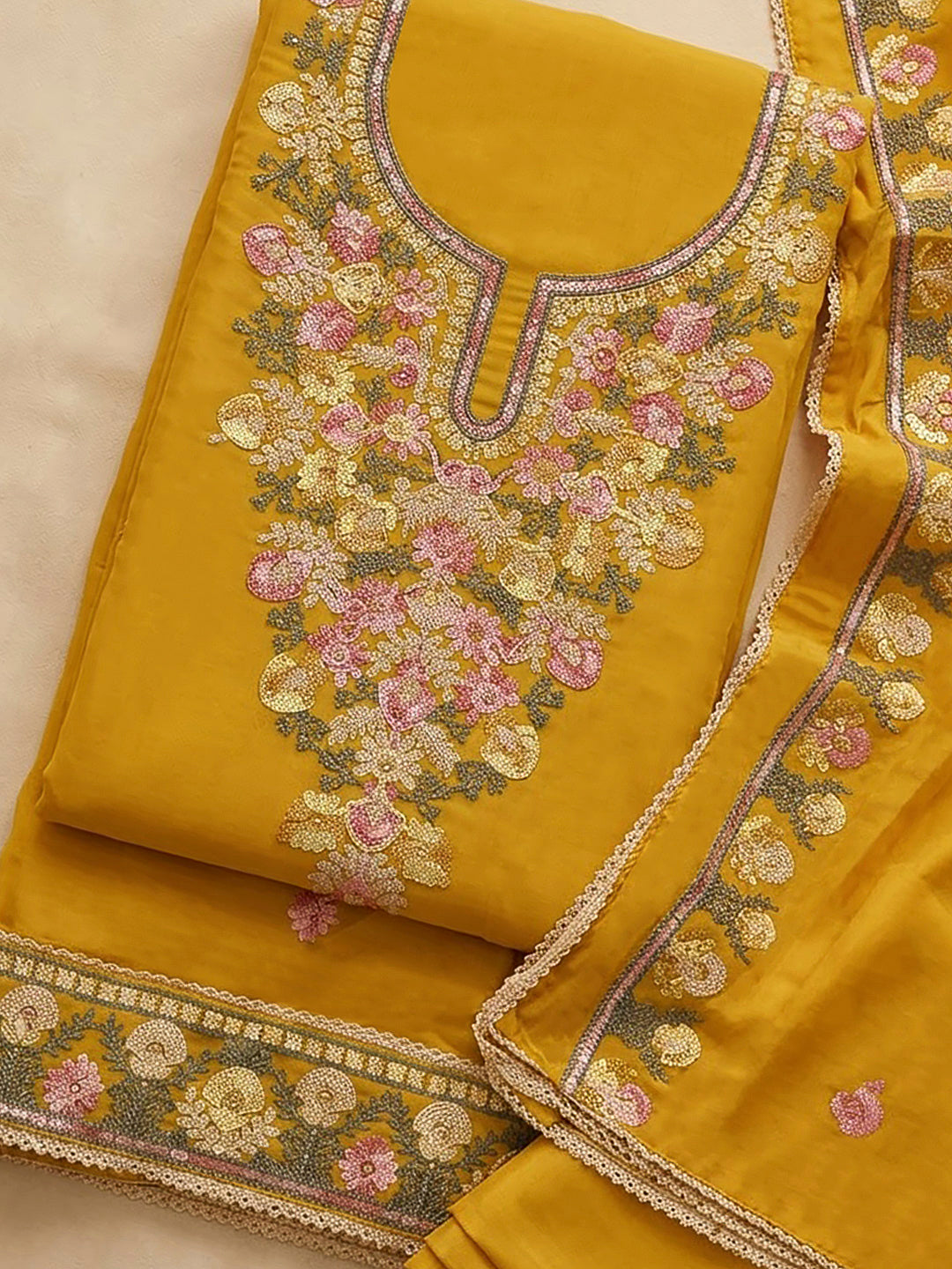 Mustard Cotton Blend Embroidered Unstitched Dress Material