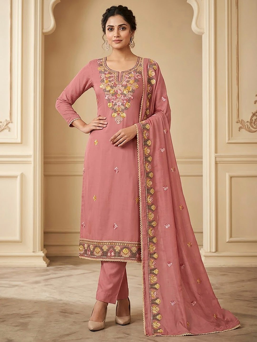 Peach Cotton Blend Embroidered Unstitched Dress Material