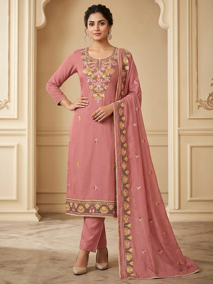 Peach Cotton Blend Embroidered Unstitched Dress Material