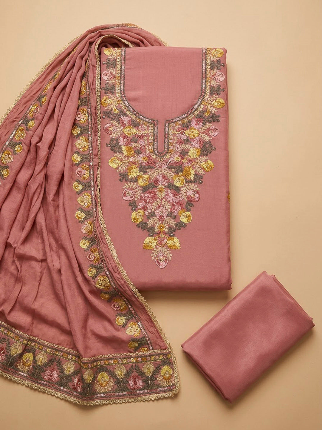 Peach Cotton Blend Embroidered Unstitched Dress Material