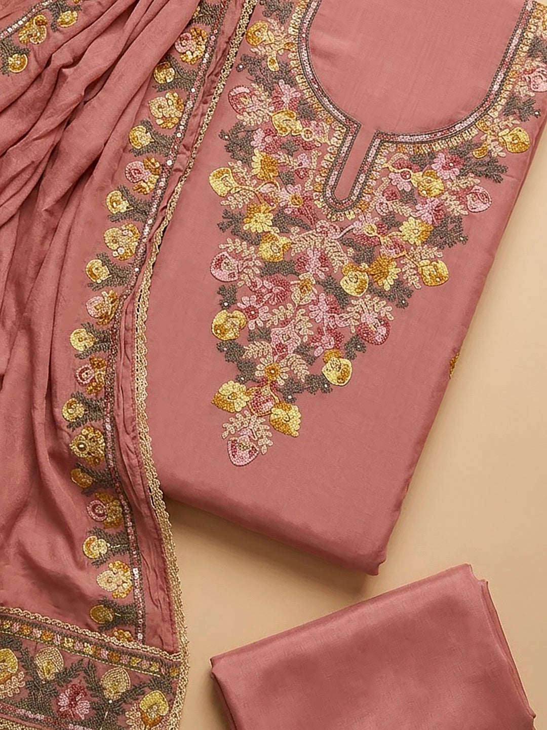 Peach Cotton Blend Embroidered Unstitched Dress Material