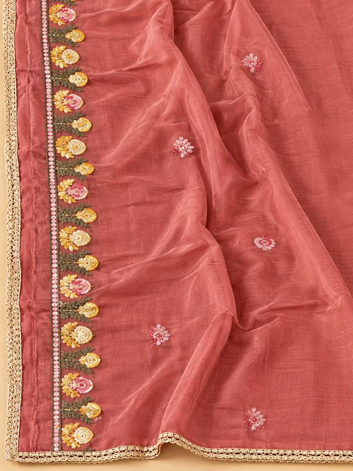 Peach Cotton Blend Embroidered Unstitched Dress Material