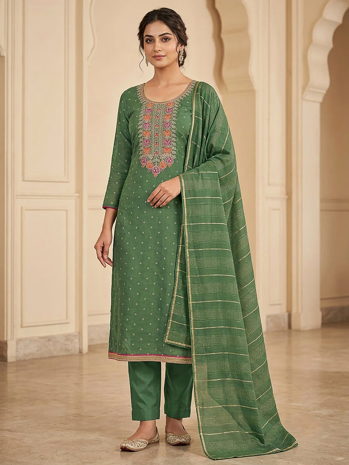 Green Chanderi Embroidered Unstitched Dress Material