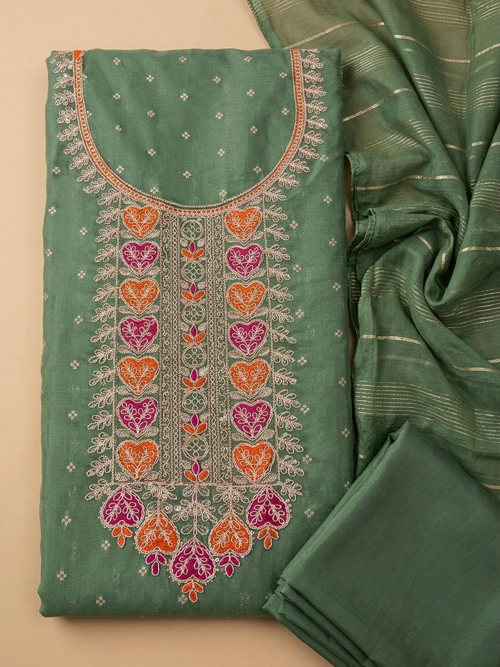 Green Chanderi Embroidered Unstitched Dress Material