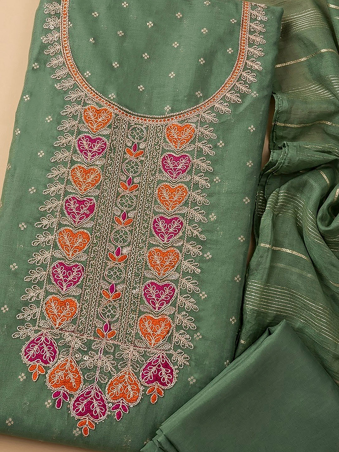 Green Chanderi Embroidered Unstitched Dress Material