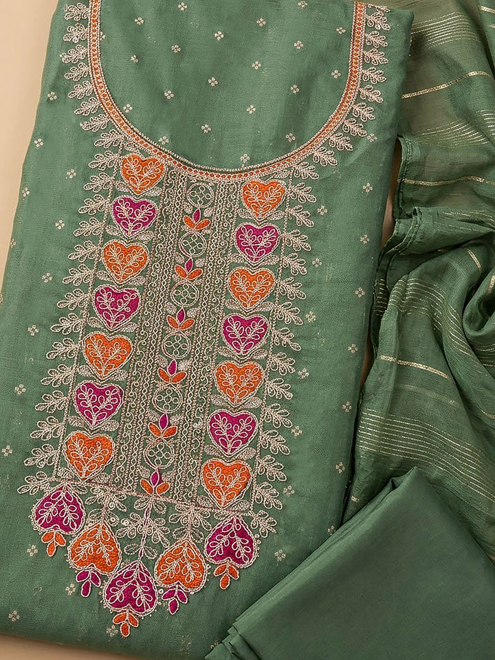 Green Chanderi Embroidered Unstitched Dress Material