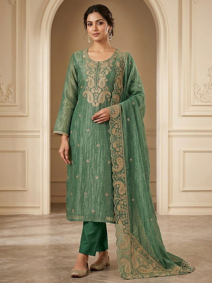 Green Organza Embroidered Unstitched Dress Material