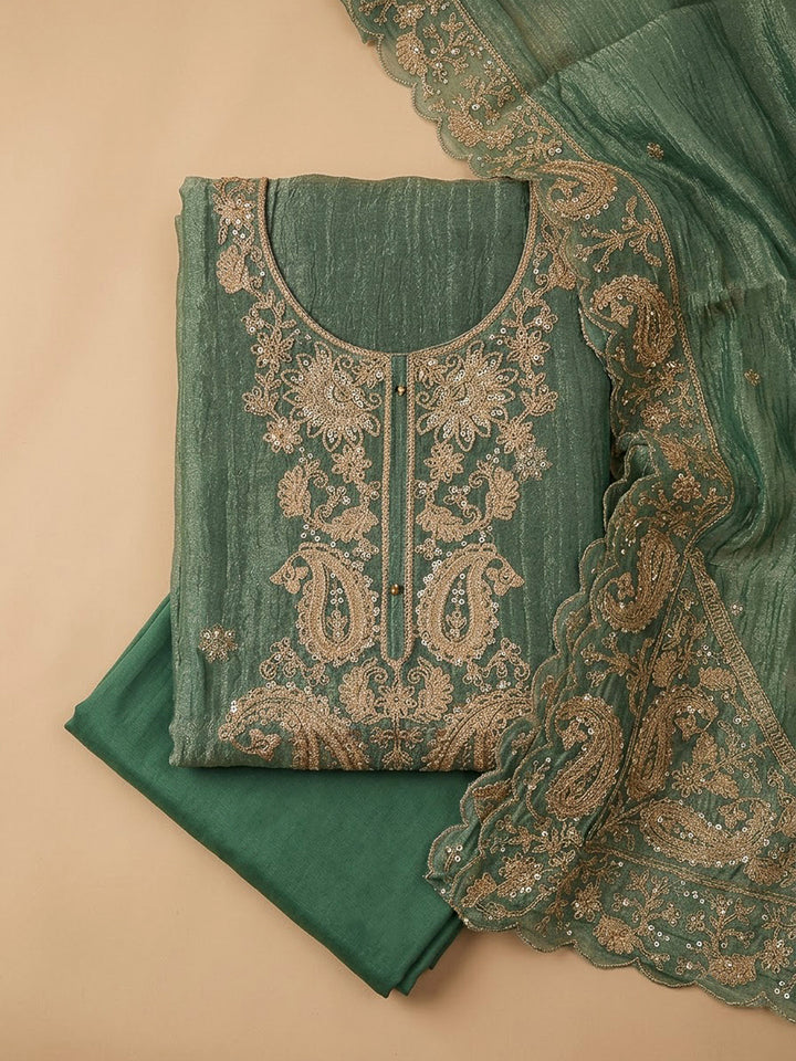 Green Organza Embroidered Unstitched Dress Material