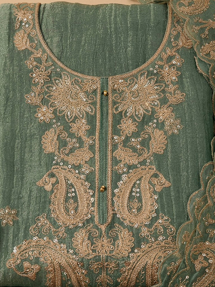 Green Organza Embroidered Unstitched Dress Material