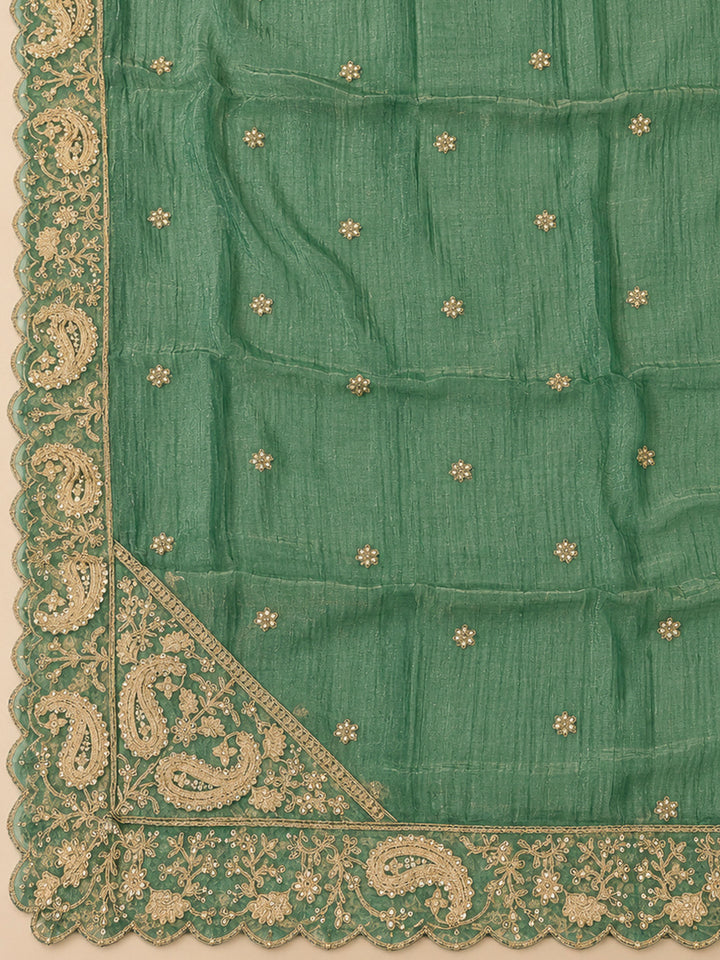 Green Organza Embroidered Unstitched Dress Material