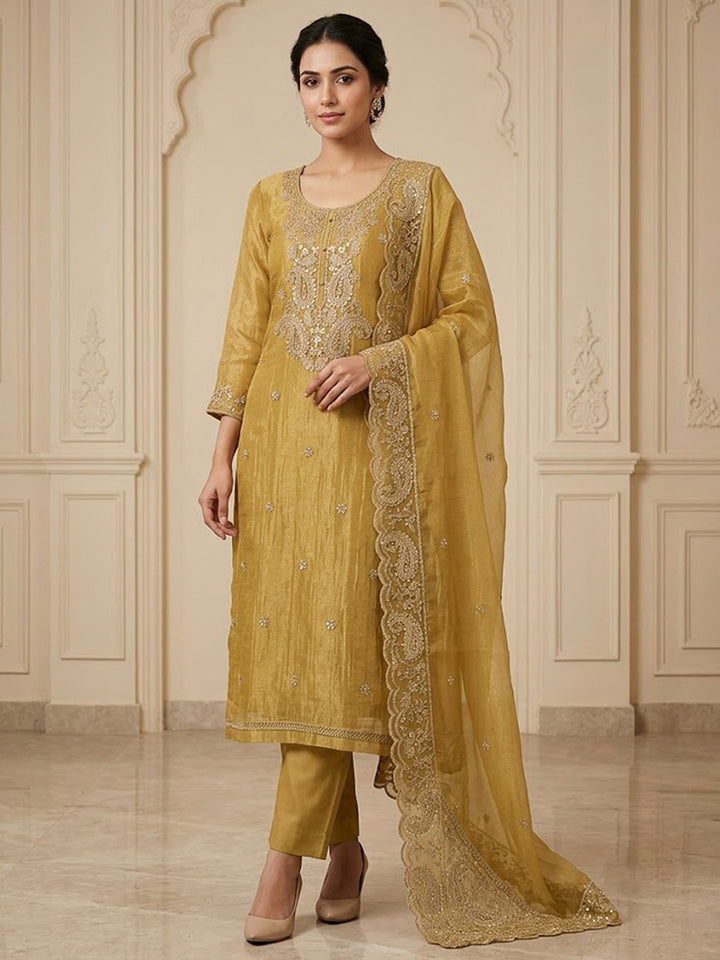 Mustard Organza Embroidered Unstitched Dress Material
