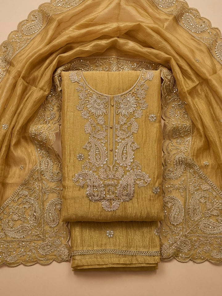 Mustard Organza Embroidered Unstitched Dress Material