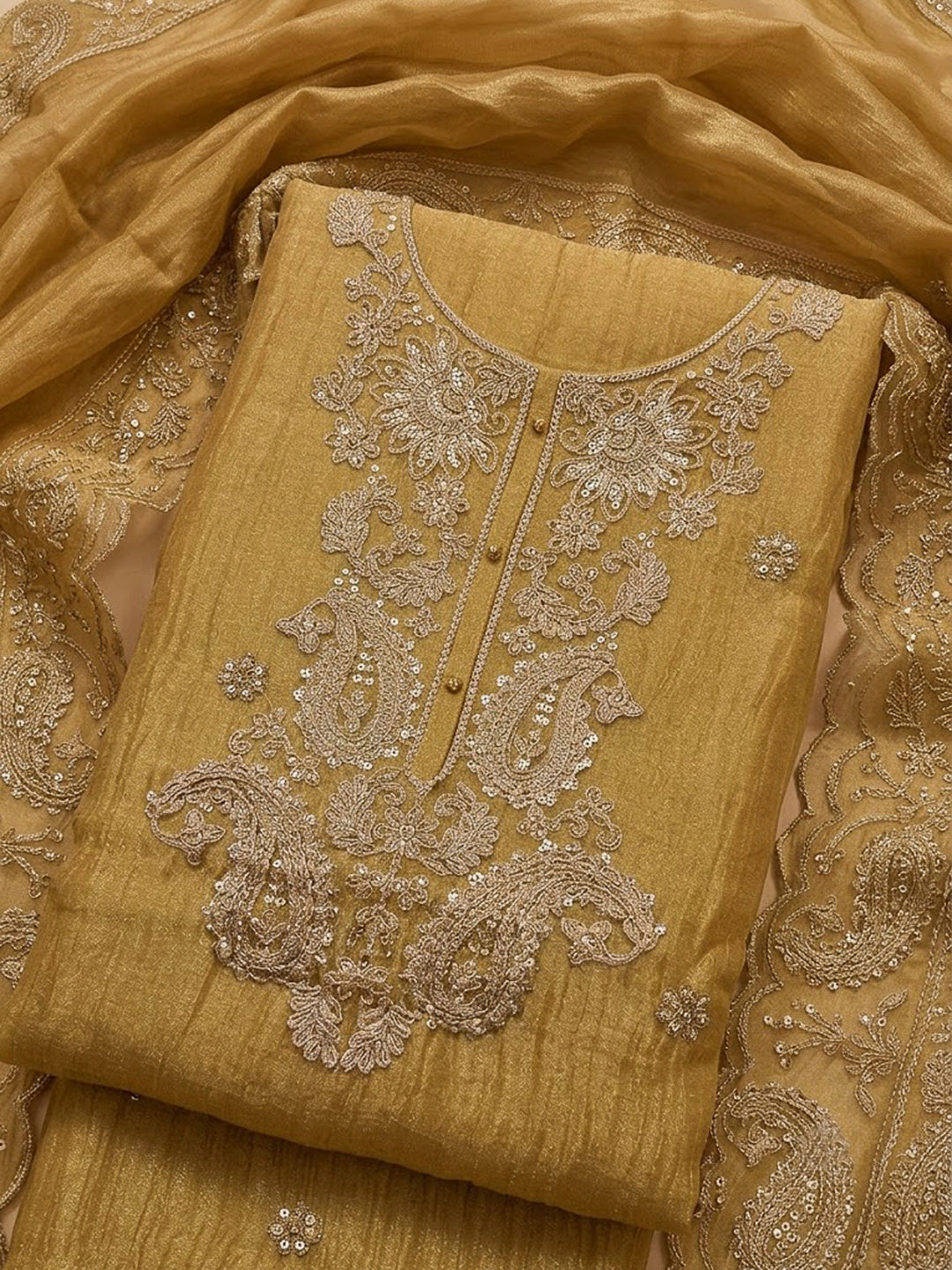 Mustard Organza Embroidered Unstitched Dress Material
