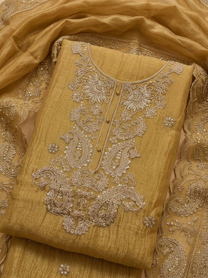 Mustard Organza Embroidered Unstitched Dress Material