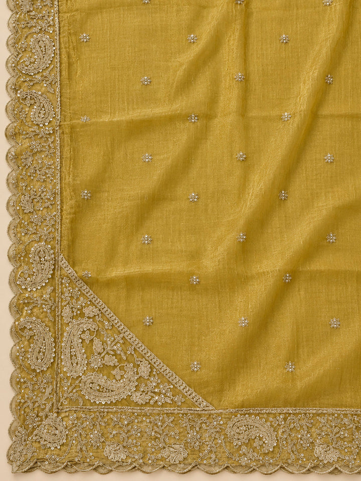 Mustard Organza Embroidered Unstitched Dress Material